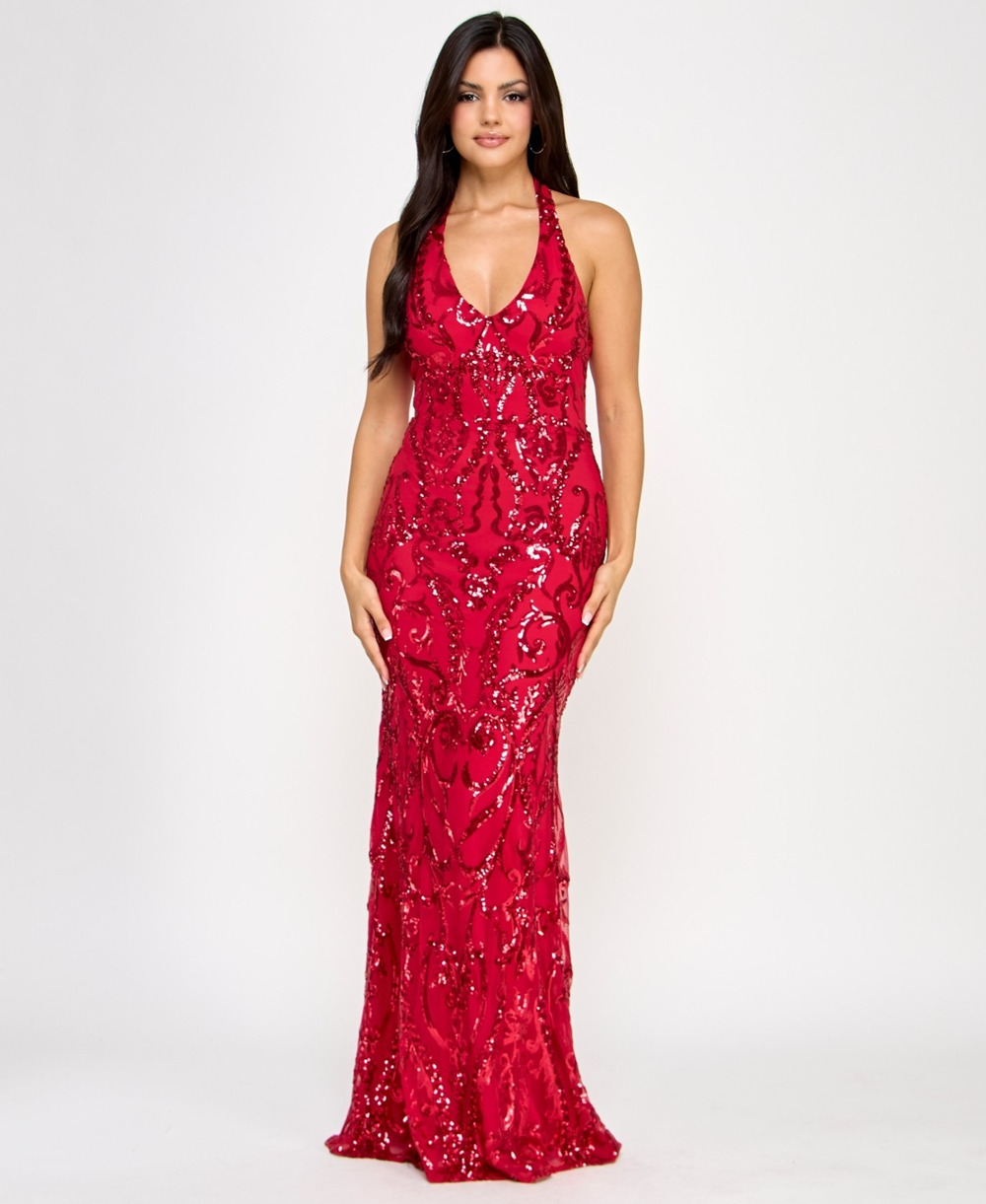 B Darlin Red Sequin Halter Prom Dress Size 3/4 Mermaid Formal Evening Gown $159